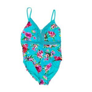Time and Tru One Piece Swimsuit Womens Large Turquoise Blue Pink Floral Lace